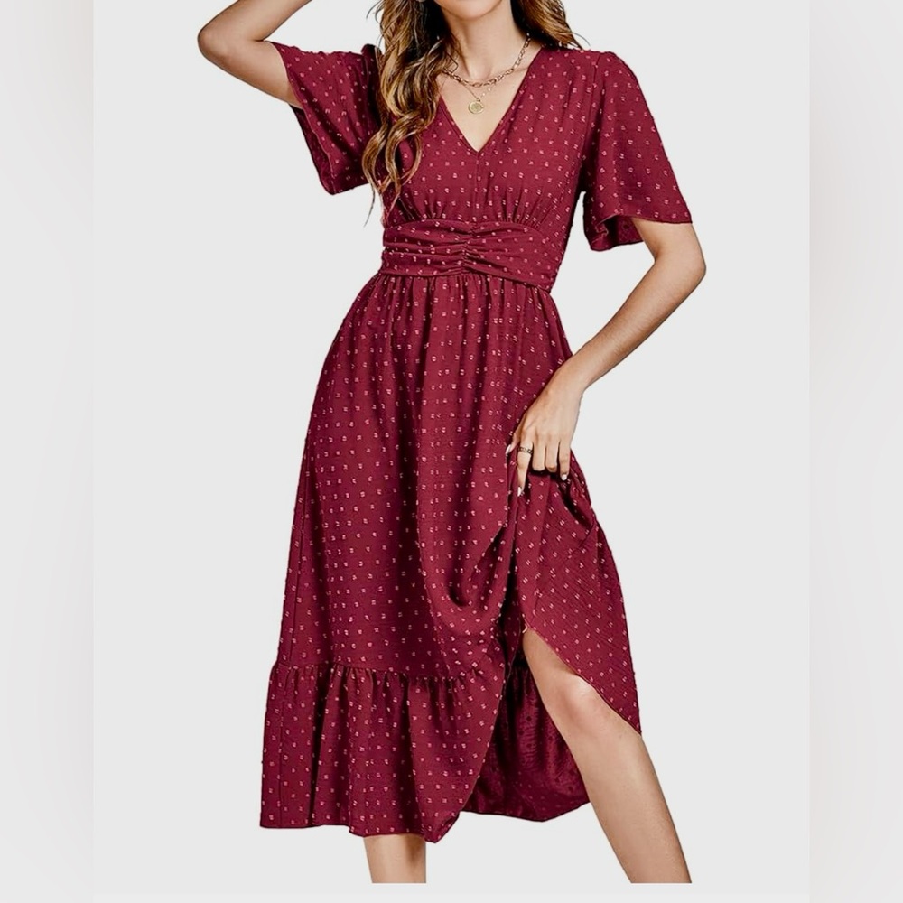 lyaner Womens Boho Short Sleeve V Neck Ruffle Tiered Maxi Dress Swiss Dot size S